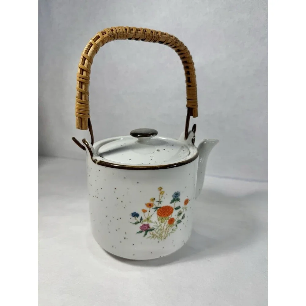 Vintage Speckled Ceramic Teapot Bamboo Handle Hand Painted Flowers Japan